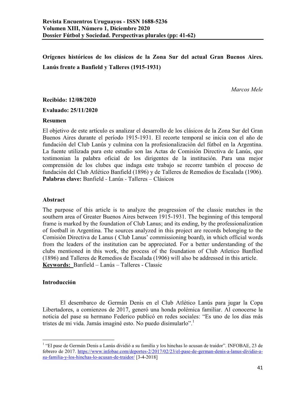 ISSN 1688-5236 Volumen XIII, Número 1, Diciembre 2020 Dossier Fútbol Y Sociedad