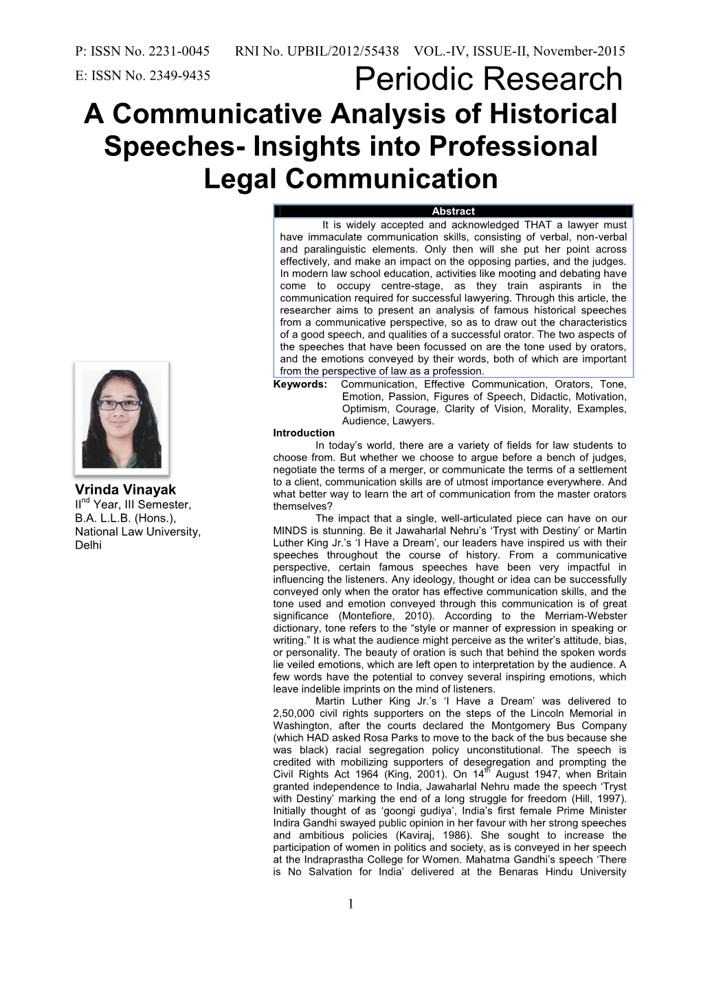 A Communicative Analysis of Historical Speeches- Insights Into Professional Legal Communication