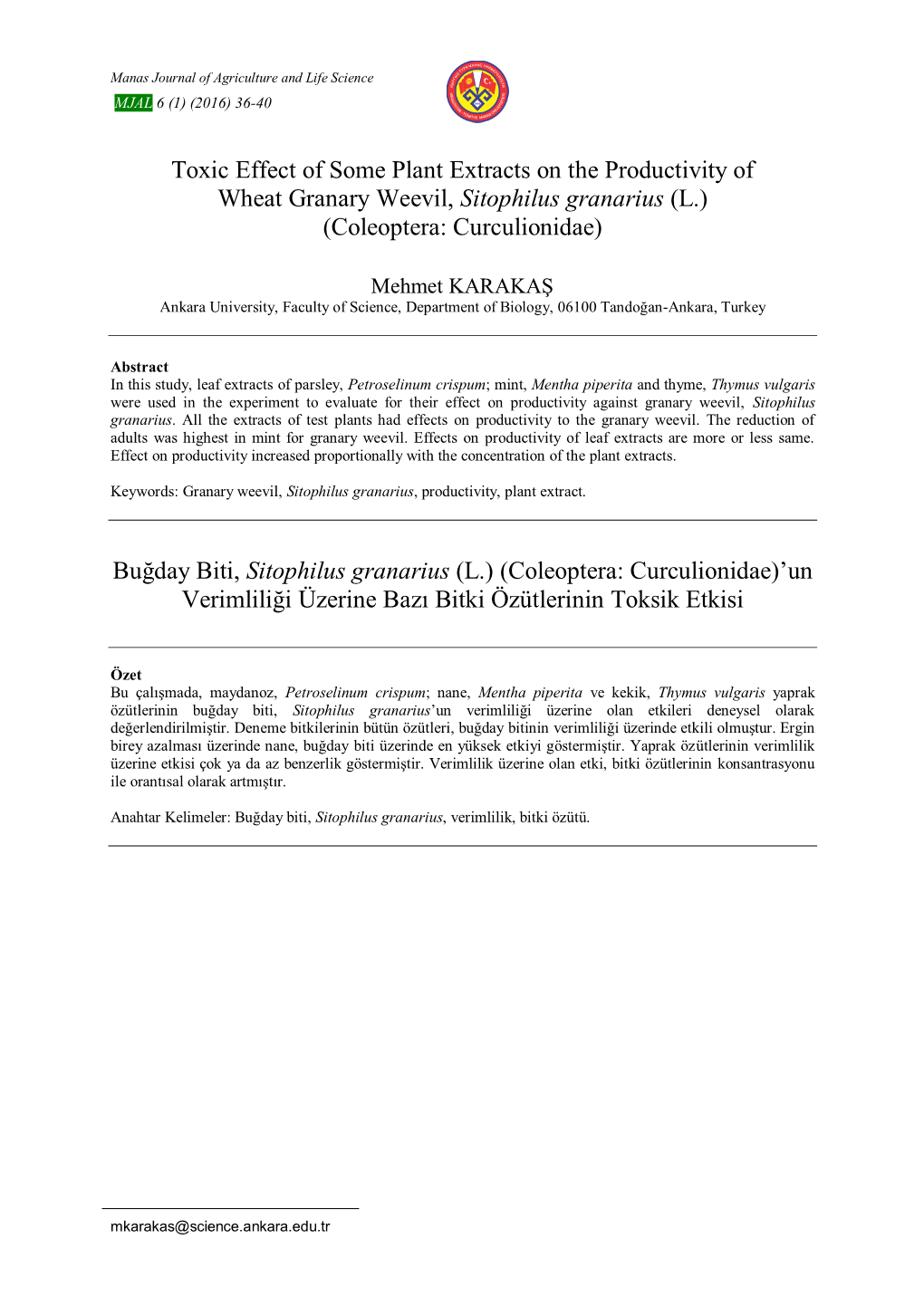 Effect of Some Plant Extracts on the Productivity of Wheat Granary Weevil, Sitophilus Granarius (L.) (Coleoptera: Curculionidae)