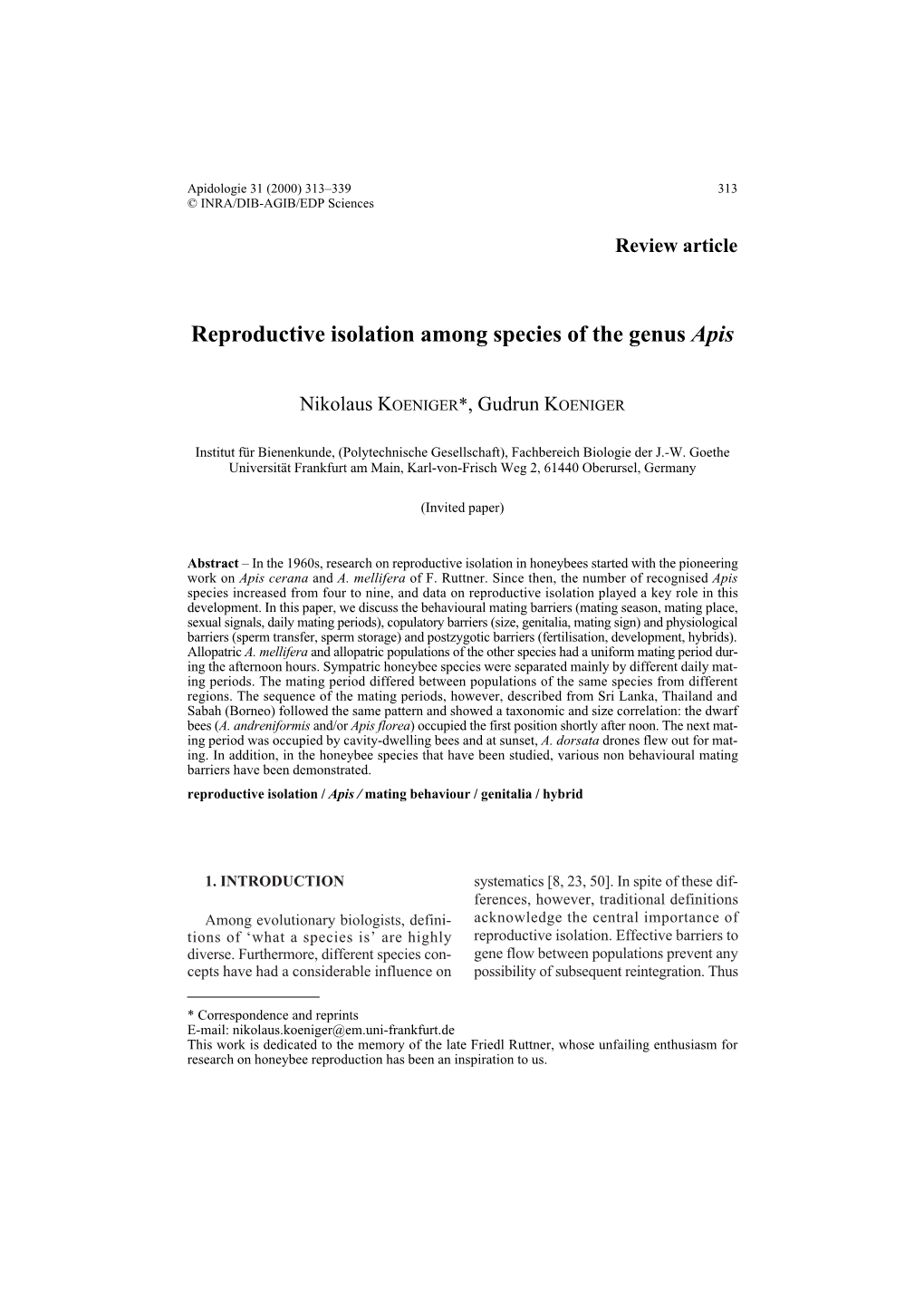 Reproductive Isolation Among Species of the Genus Apis