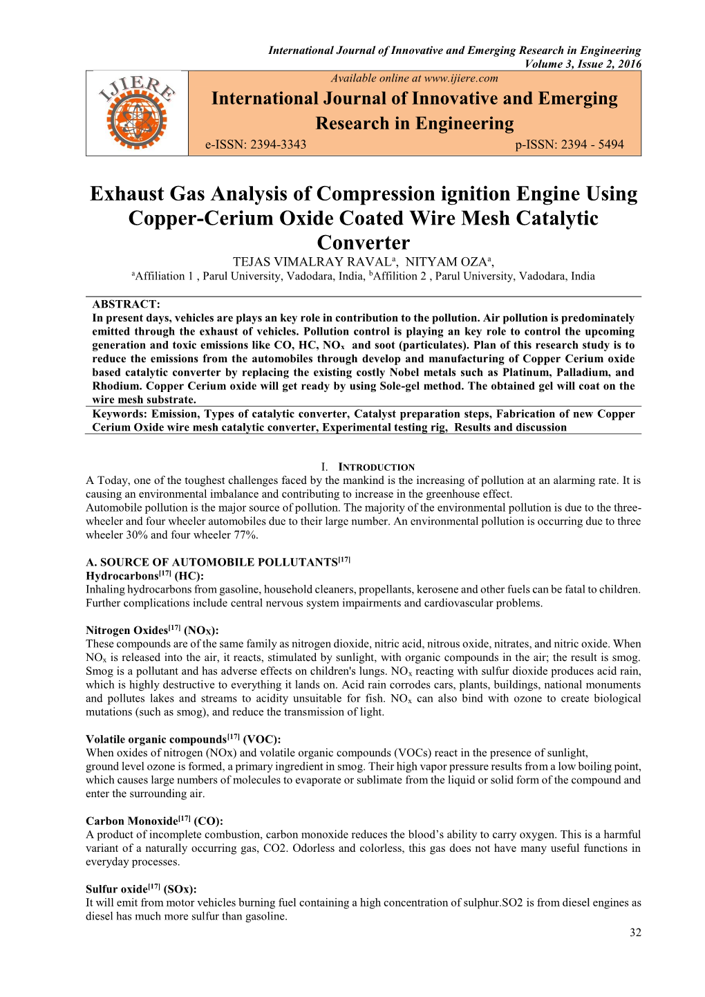 Exhaust Gas Analysis of Compression Ignition Engine Using Copper