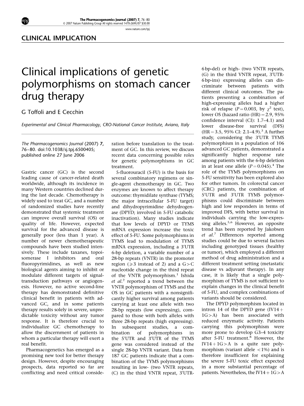 Clinical Implications of Genetic Polymorphisms on Stomach Cancer
