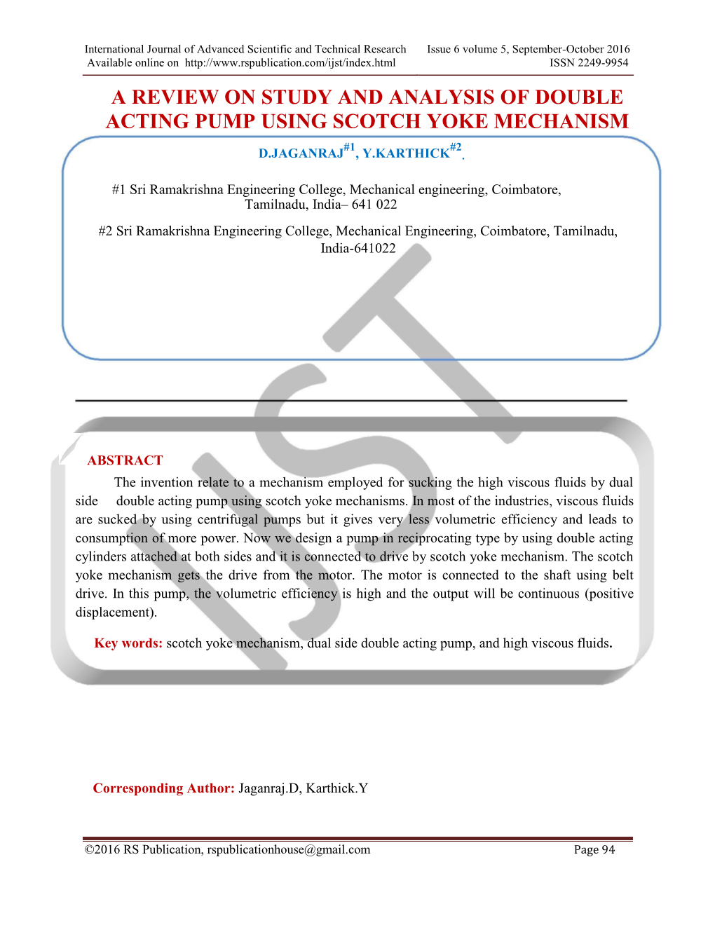 A Review on Study and Analysis of Double Acting Pump Using Scotch Yoke Mechanism