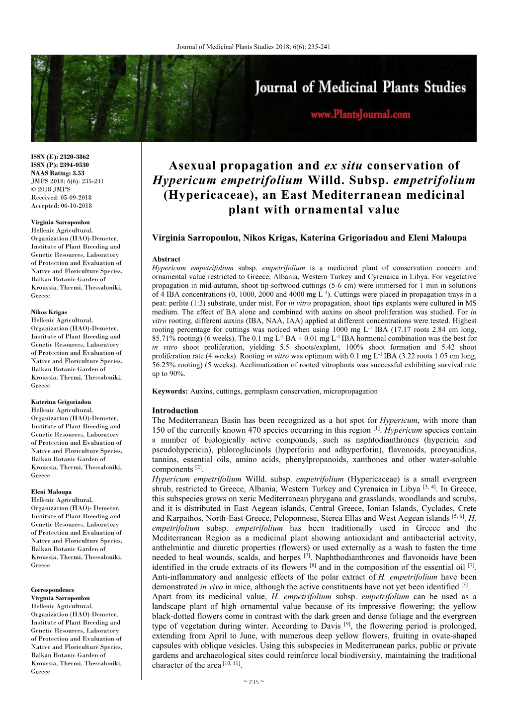 Asexual Propagation and Ex Situ Conservation of Hypericum