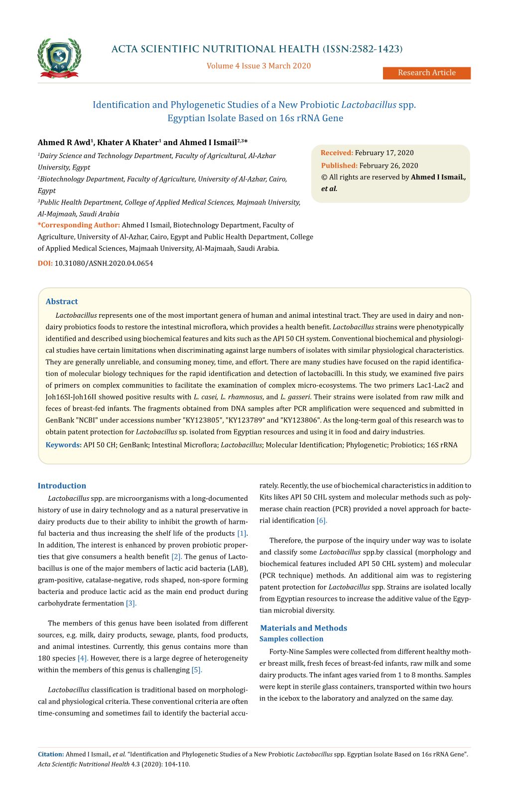 Identification and Phylogenetic Studies of a New Probiotic