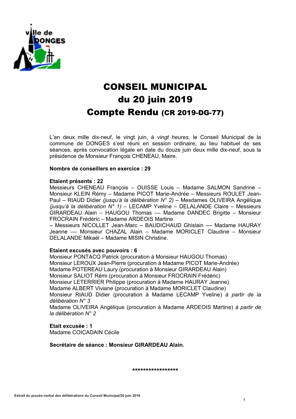 CONSEIL MUNICIPAL Du 20 Juin 2019 Compte Rendu (CR 2019-DG-77)