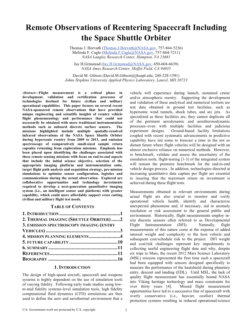 Remote Observations of Reentering Spacecraft Including the Space Shuttle Orbiter Thomas J