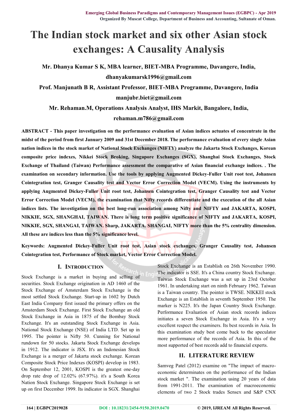 The Indian Stock Market and Six Other Asian Stock Exchanges: a Causality Analysis