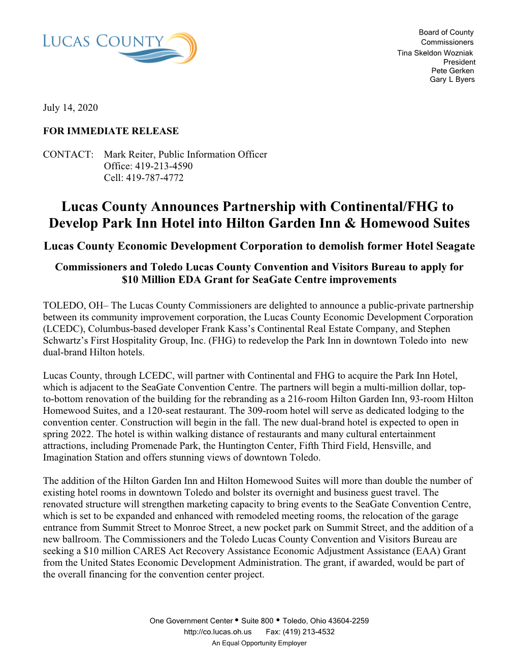 Lucas County Announces Partnership with Continental/FHG to Develop