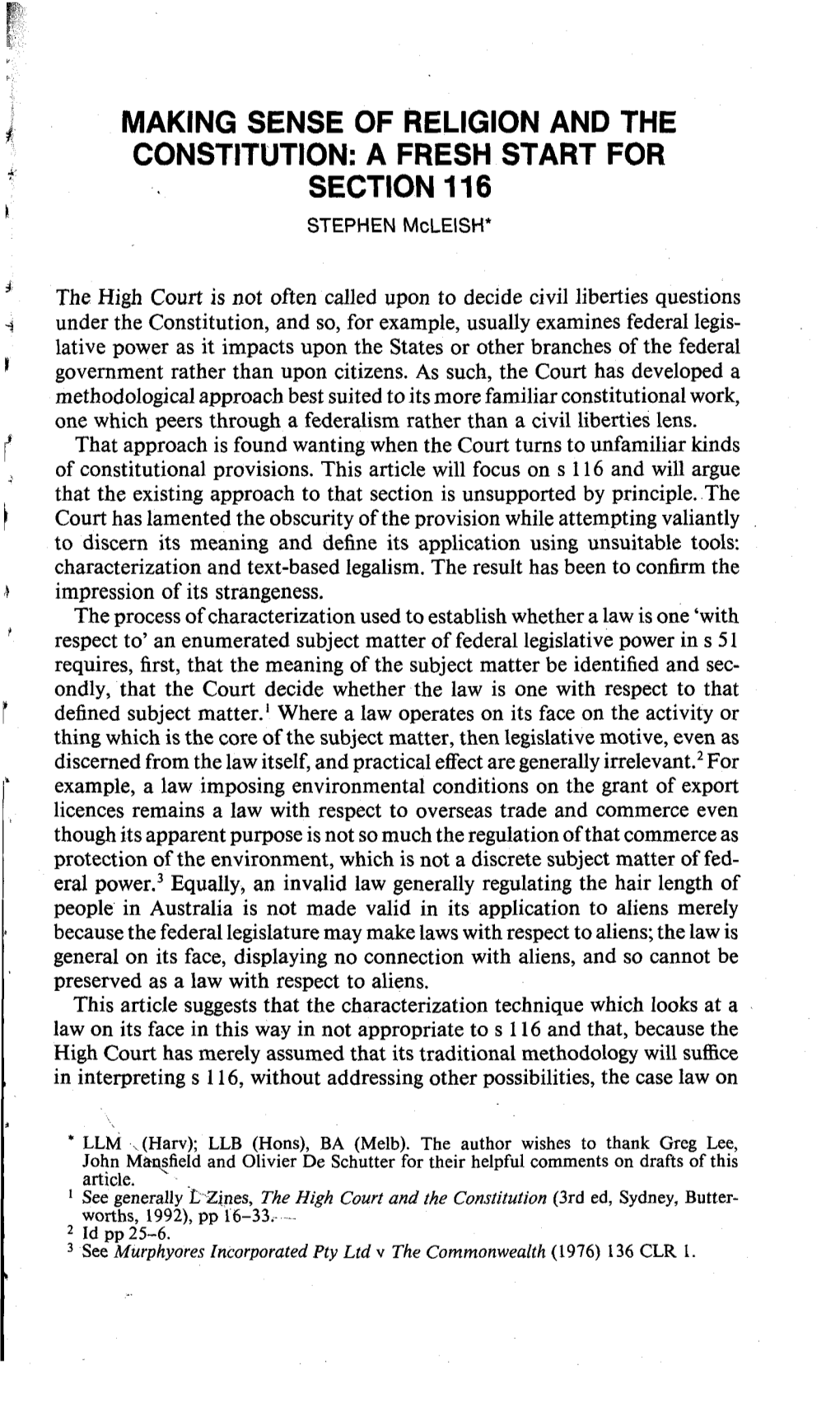 MAKING SENSE of RELIGION and the CONSTITUTION: a FRESH START for SECTION 116 STEPHEN Mcleish*