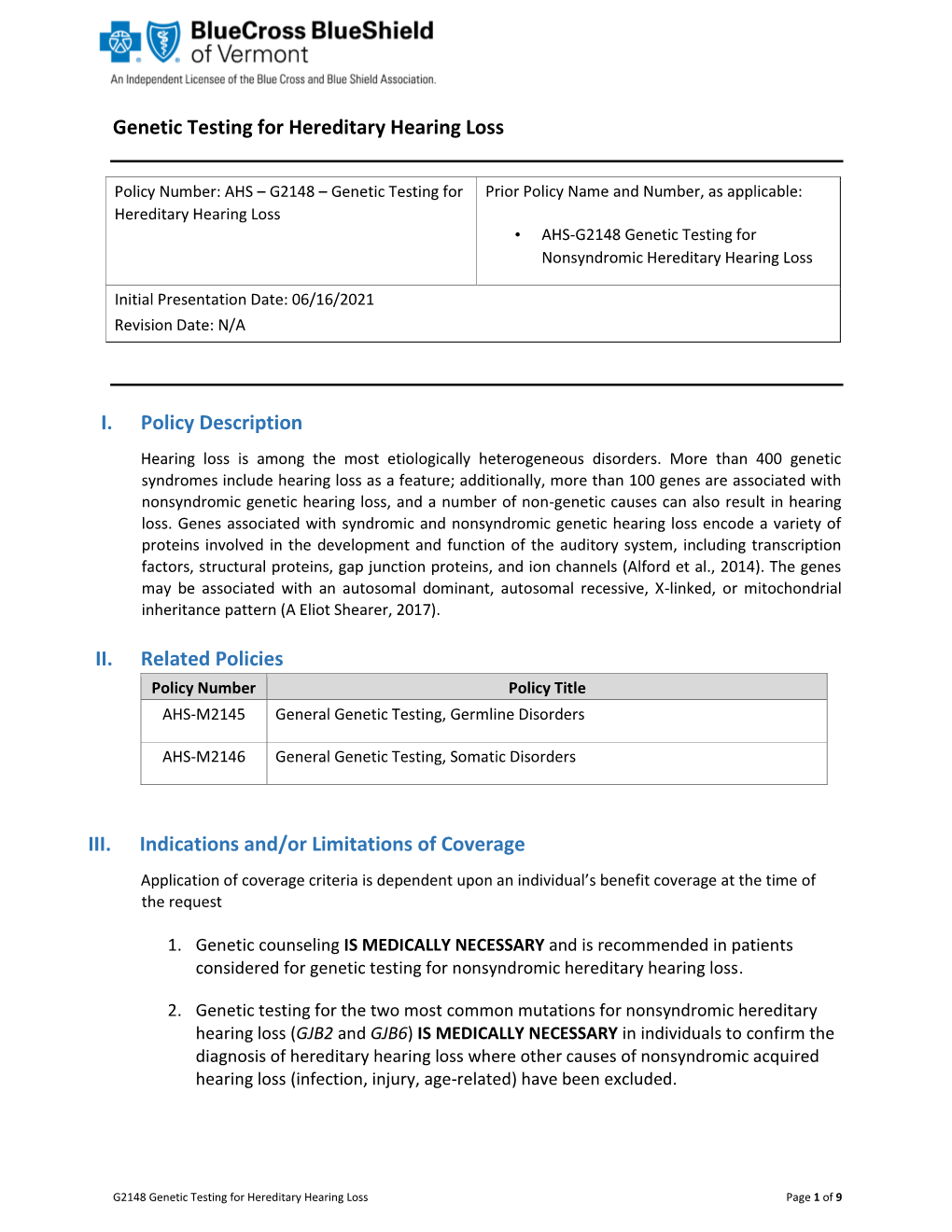 G2148: Genetic Testing for Hereditary Hearing Loss