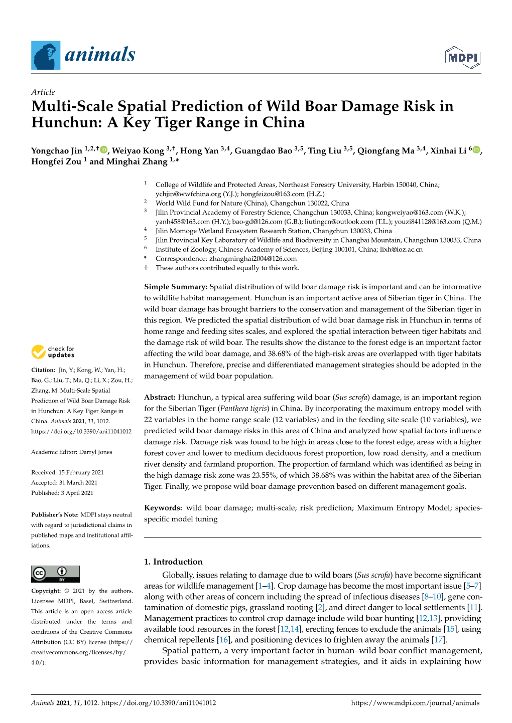 Multi-Scale Spatial Prediction of Wild Boar Damage Risk in Hunchun: a Key Tiger Range in China