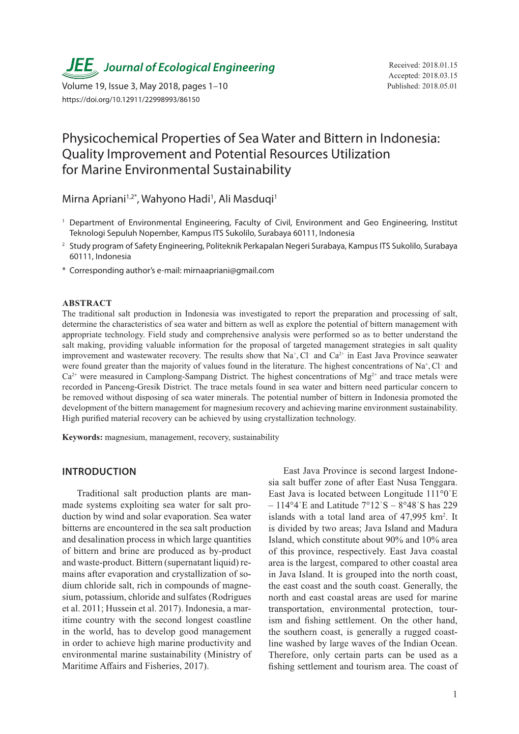Physicochemical Properties of Sea Water and Bittern in Indonesia: Quality Improvement and Potential Resources Utilization for Marine Environmental Sustainability