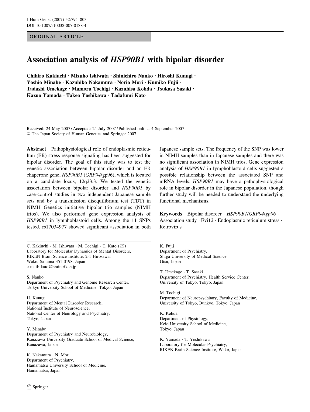 Association Analysis of HSP90B1 with Bipolar Disorder