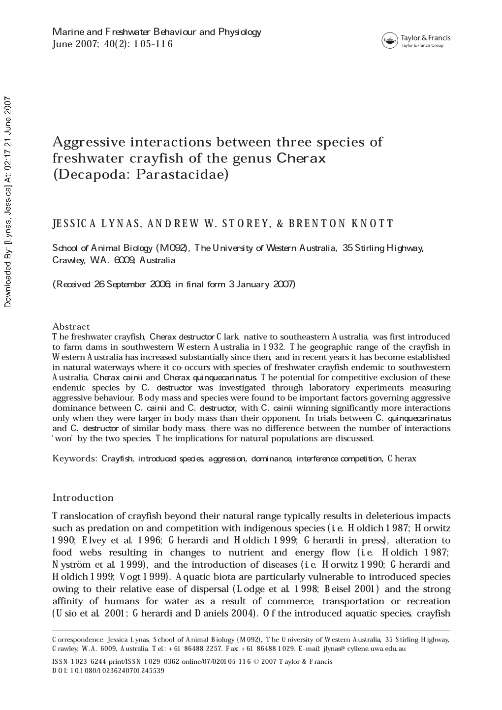 Aggressive Interactions Between Three Species of Freshwater Crayfish Of