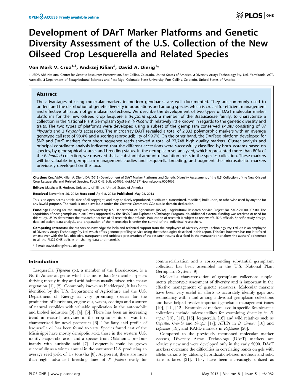 Development of Dart Marker Platforms and Genetic Diversity Assessment of the U.S