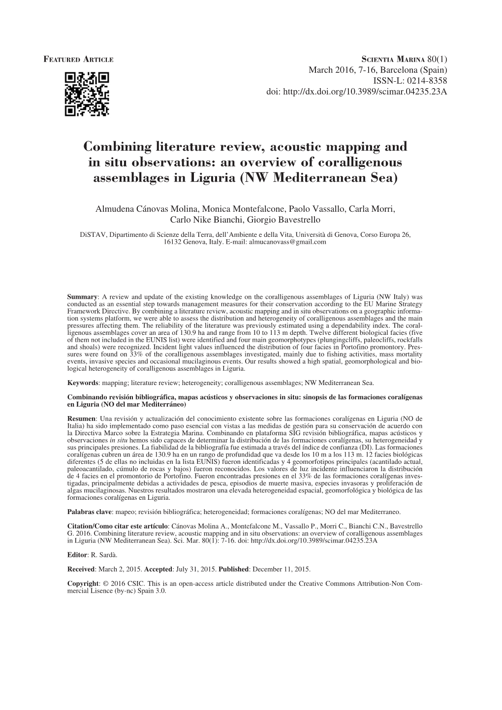 Combining Literature Review, Acoustic Mapping and in Situ Observations: an Overview of Coralligenous Assemblages in Liguria (NW Mediterranean Sea)