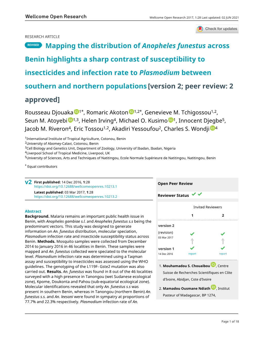 Mapping the Distribution of Anopheles Funestus Across Benin Highlights A