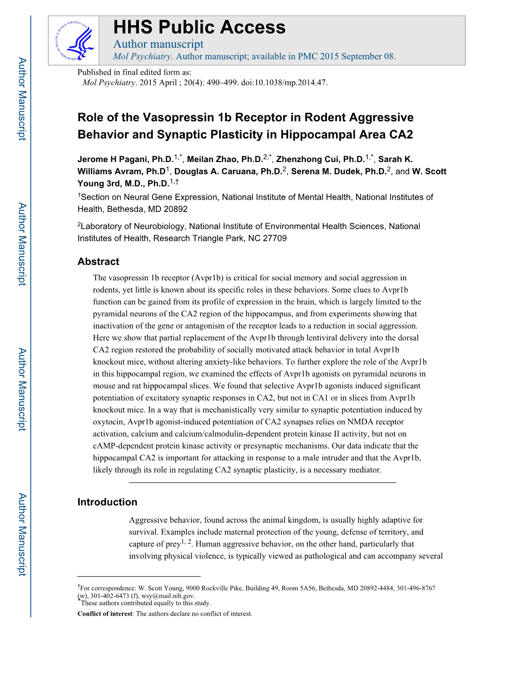 Role of the Vasopressin 1B Receptor in Rodent Aggressive Behavior and Synaptic Plasticity in Hippocampal Area CA2