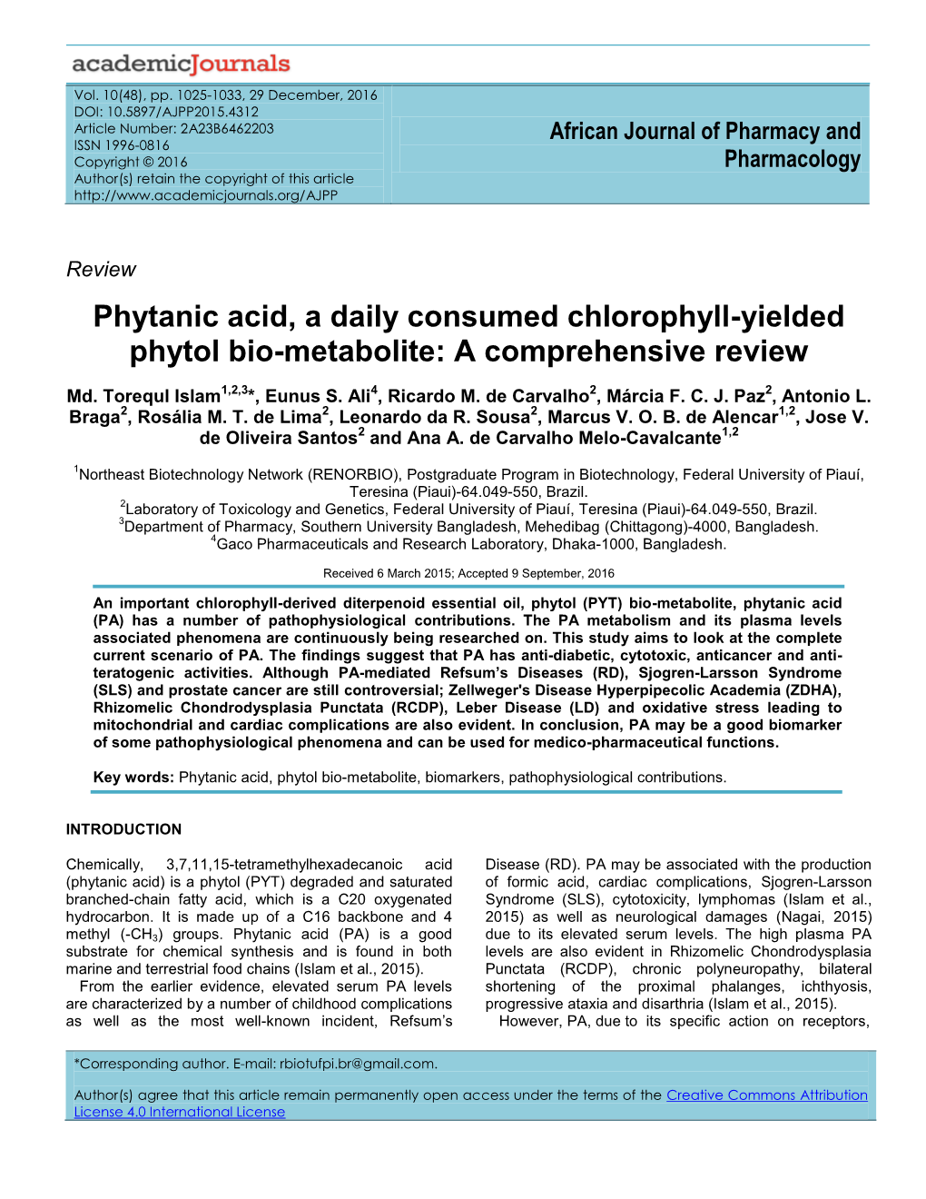 Phytanic Acid, a Daily Consumed Chlorophyll-Yielded Phytol Bio-Metabolite: a Comprehensive Review