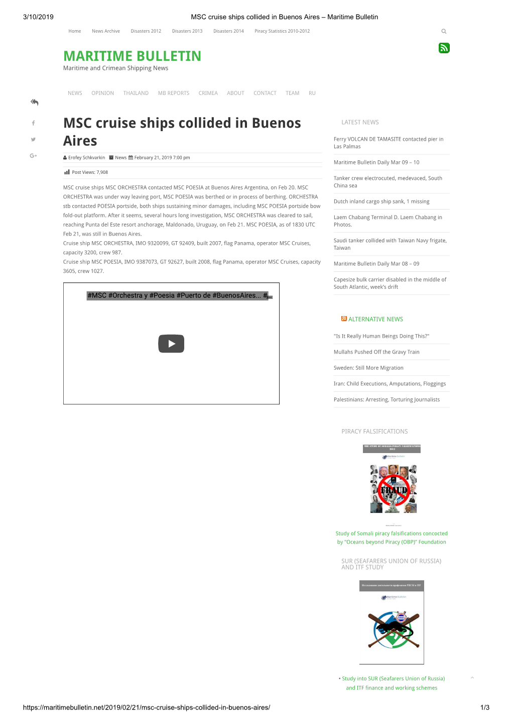 MARITIME BULLETIN MSC Cruise Ships Collided in Buenos Aires