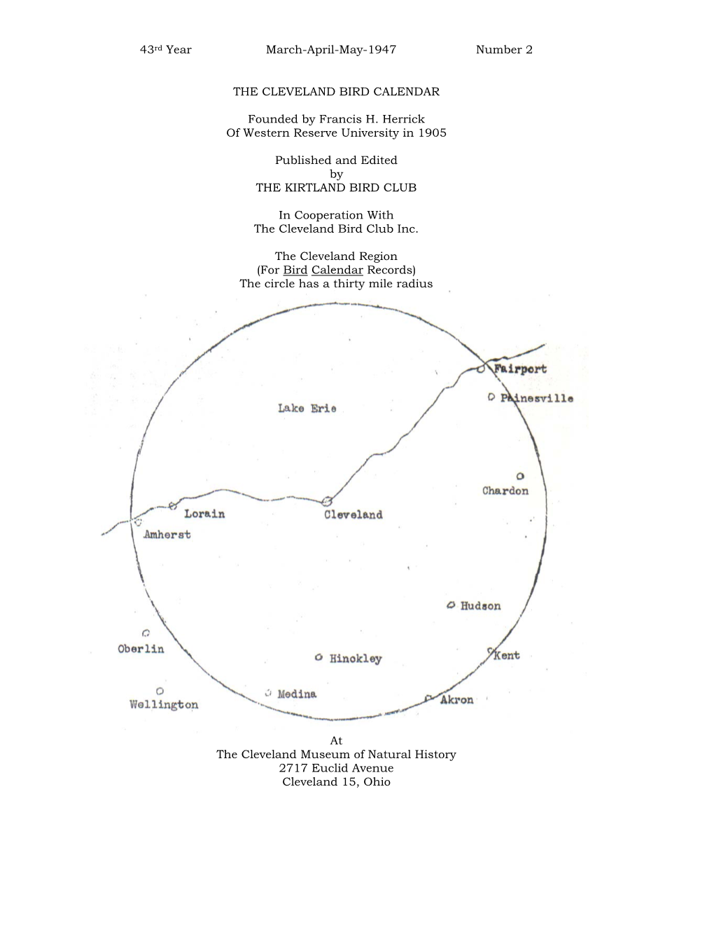 43Rd Year March-April-May-1947 Number 2 the CLEVELAND BIRD