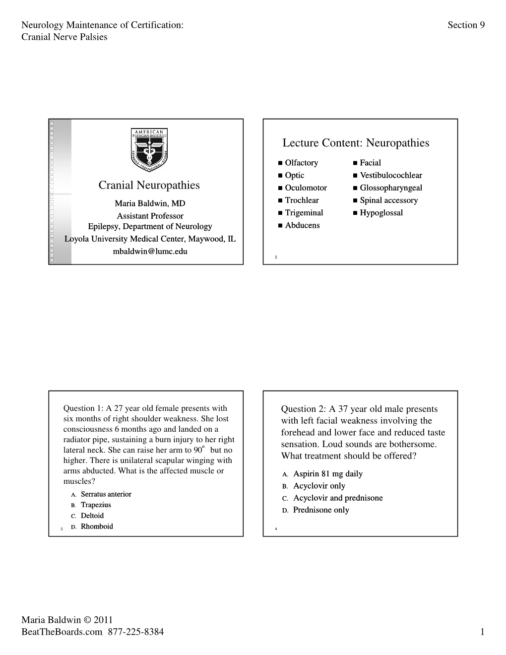 Cranial Neuropathies Lecture Content