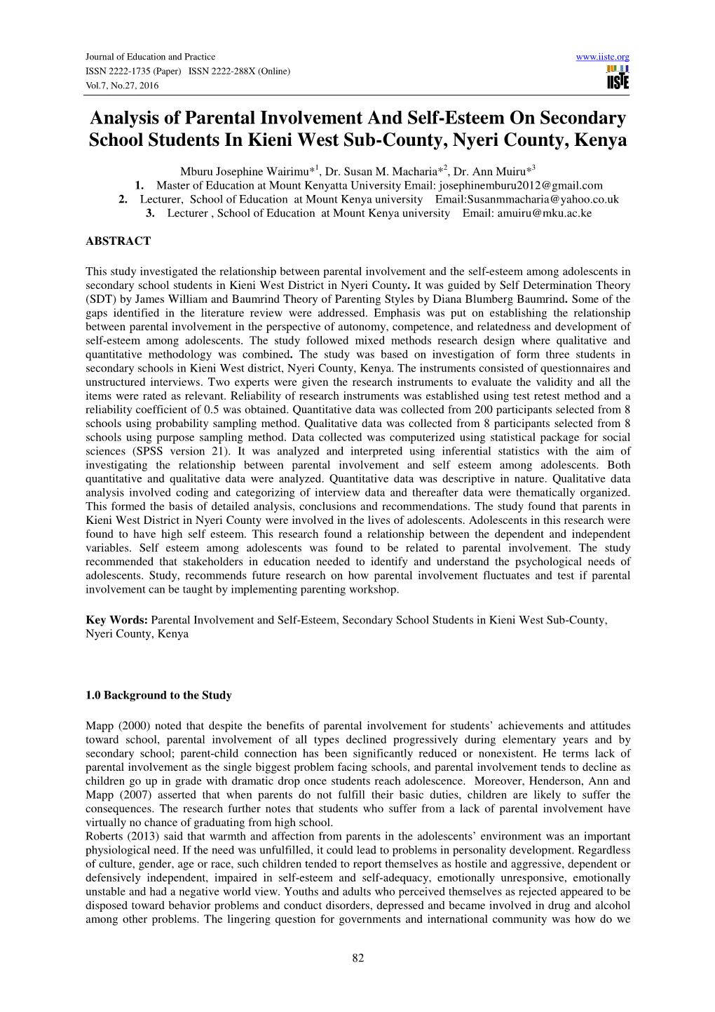 Analysis of Parental Involvement and Self-Esteem on Secondary School Students in Kieni West Sub-County, Nyeri County, Kenya