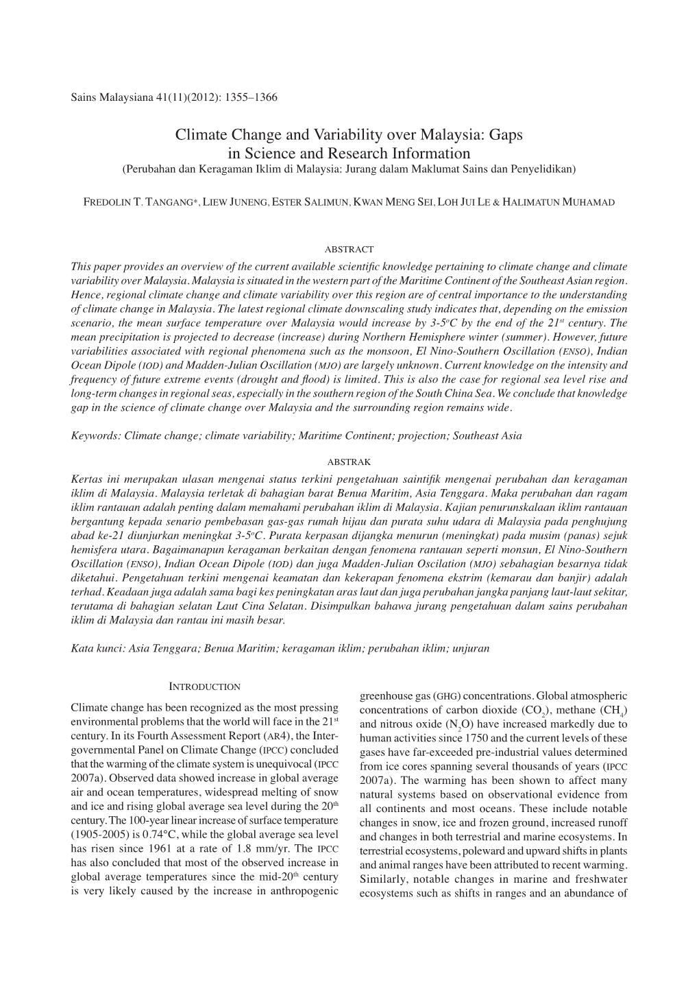 Climate Change and Variability Over Malaysia: Gaps in Science