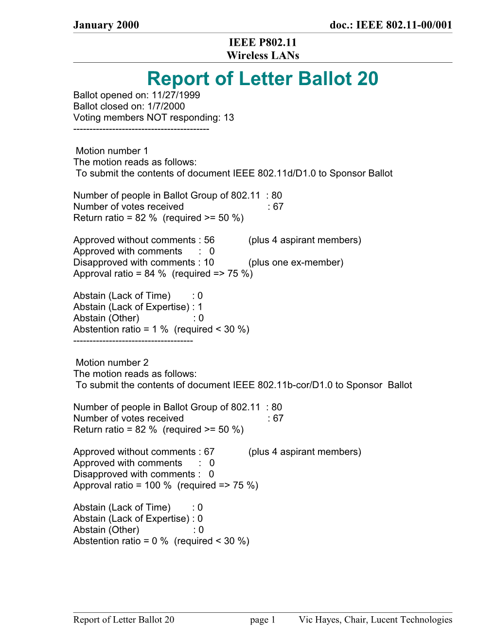 Report of Letter Ballot 20