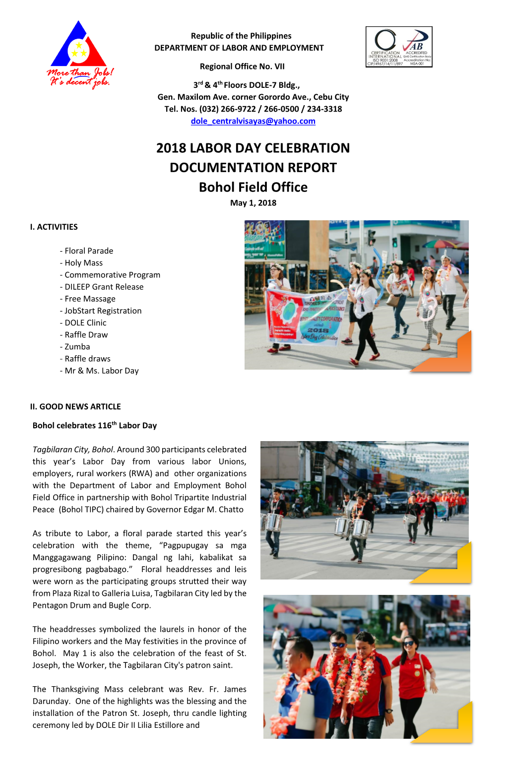 2018 LABOR DAY CELEBRATION DOCUMENTATION REPORT Bohol Field Office May 1, 2018