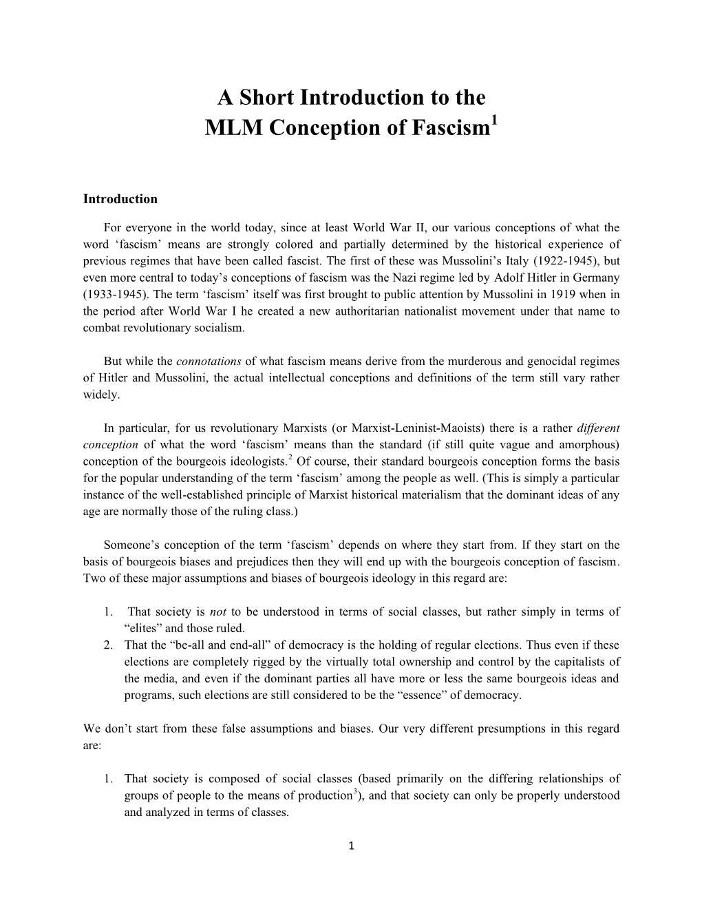 A Short Introduction to the MLM Conception of Fascism1