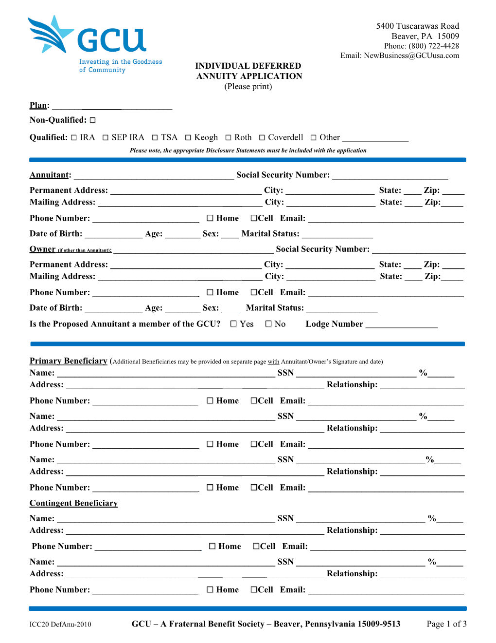 A Fraternal Benefit Society – Beaver, Pennsylvania 15009-9513 Page 1 of 3