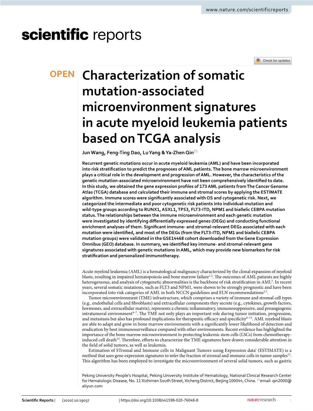 Characterization of Somatic Mutation-Associated Microenvironment Signatures in Acute Myeloid Leukemia Patients Based on TCGA