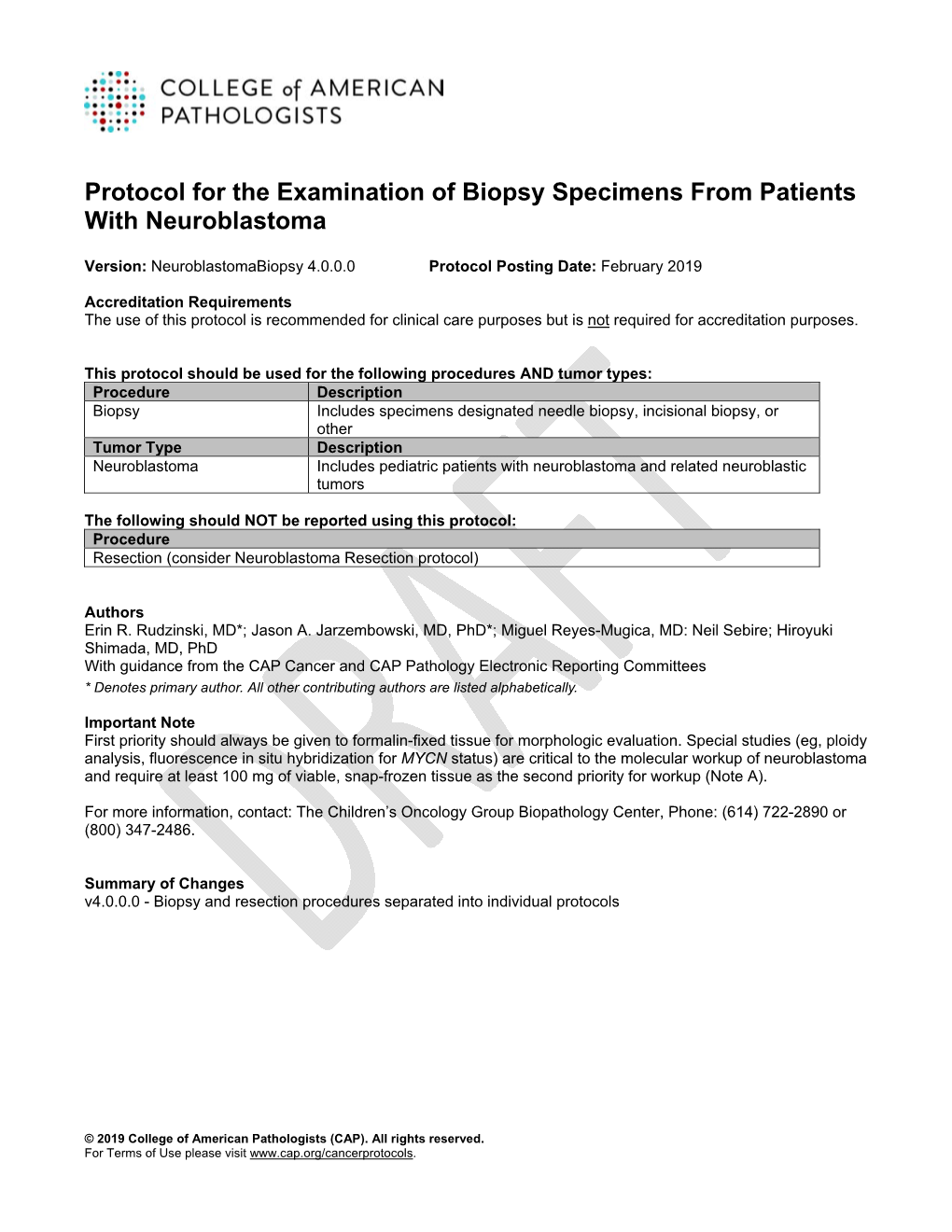 Protocol for the Examination of Biopsy Specimens from Patients with Neuroblastoma