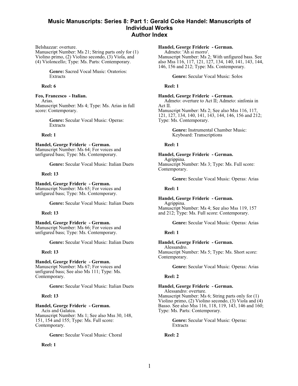 Gerald Coke Handel: Manuscripts of Individual Works Author Index 1