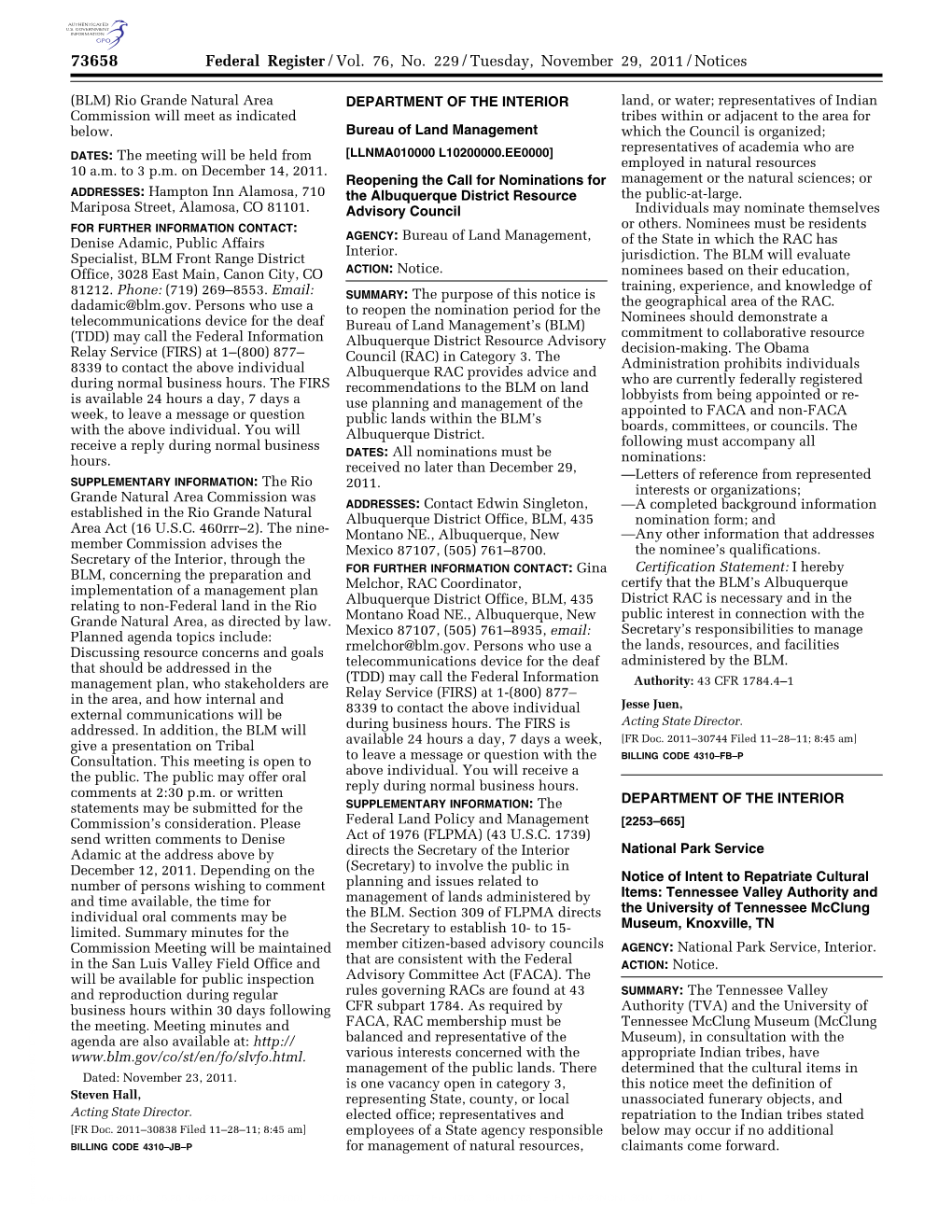 Federal Register/Vol. 76, No. 229/Tuesday, November 29, 2011