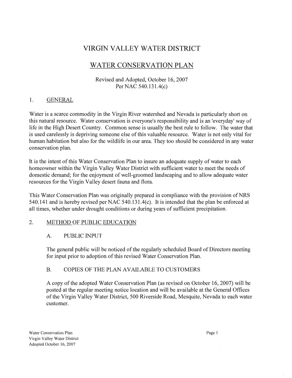 Virgin Valley Water District Water Conservation Plan