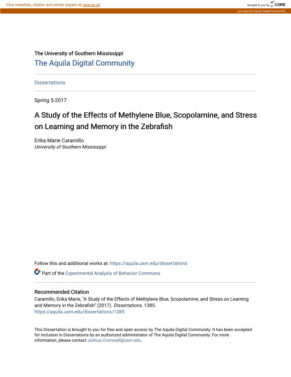 A Study of the Effects of Methylene Blue, Scopolamine, and Stress on Learning and Memory in the Zebrafish