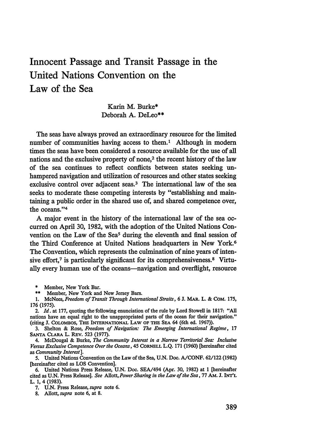 Innocent Passage and Transit Passage in the United Nations Convention on the Law of the Sea