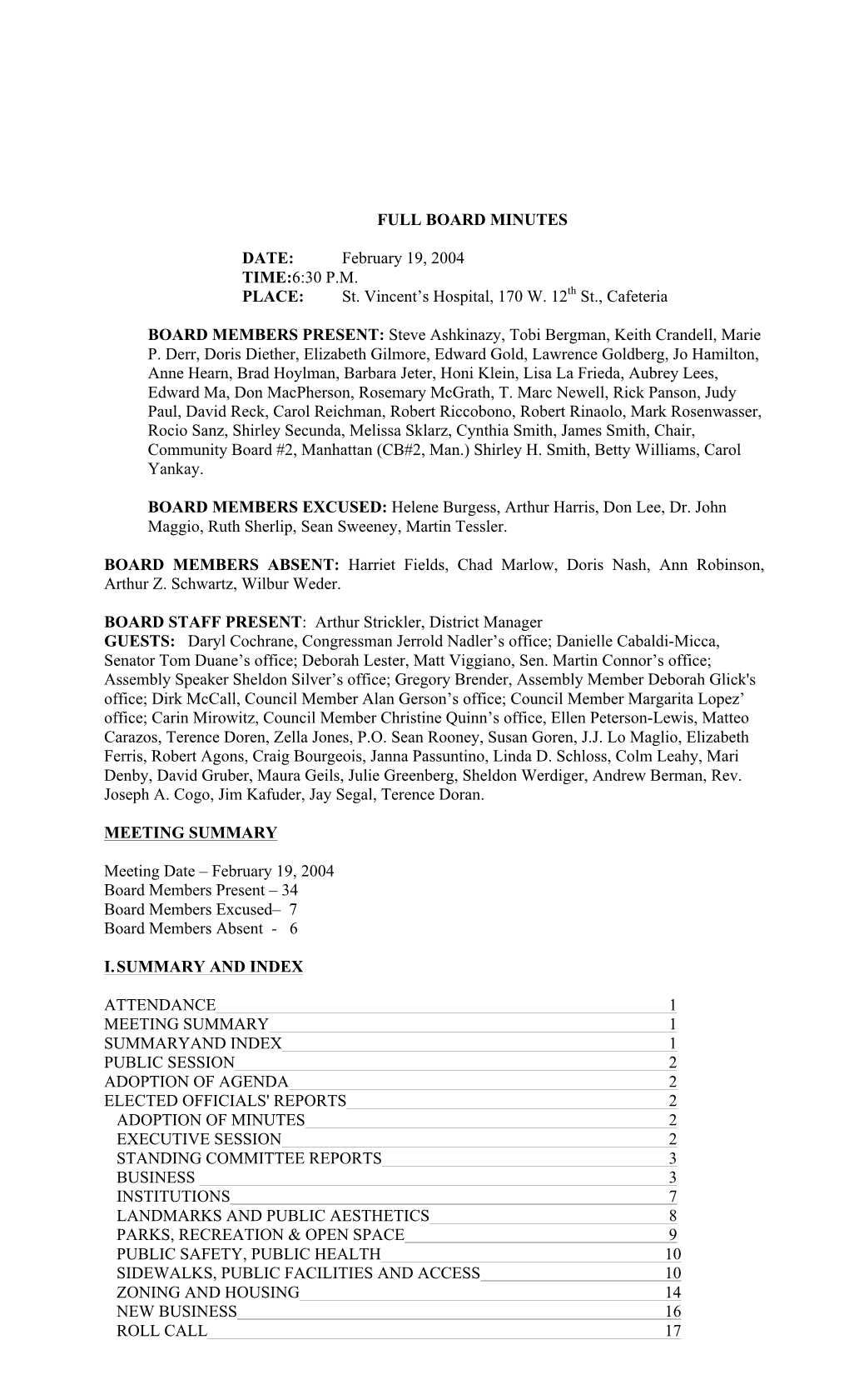 FULL BOARD MINUTES DATE: February 19, 2004 TIME