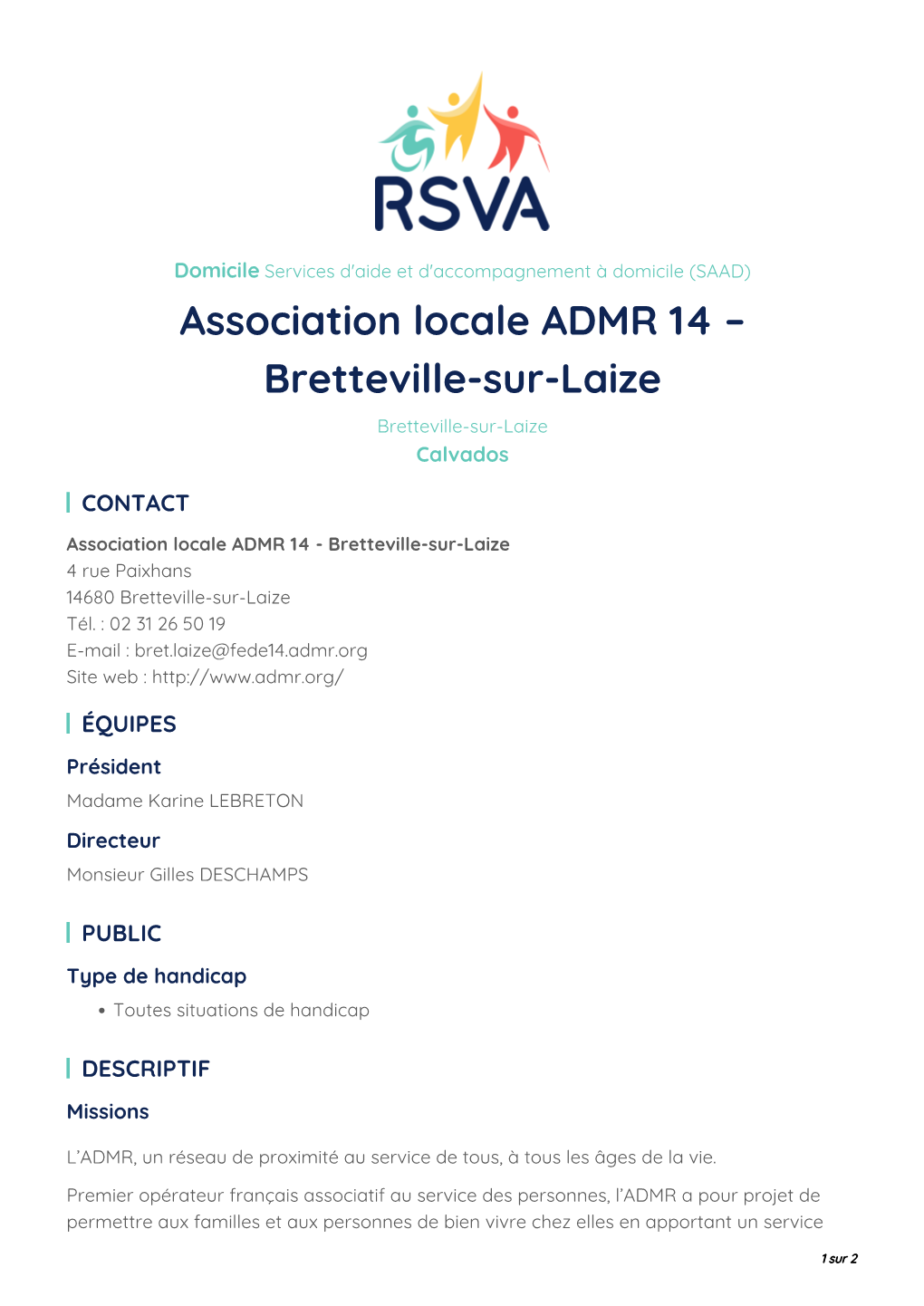 Association Locale ADMR 14 – Bretteville-Sur-Laize Bretteville-Sur-Laize Calvados