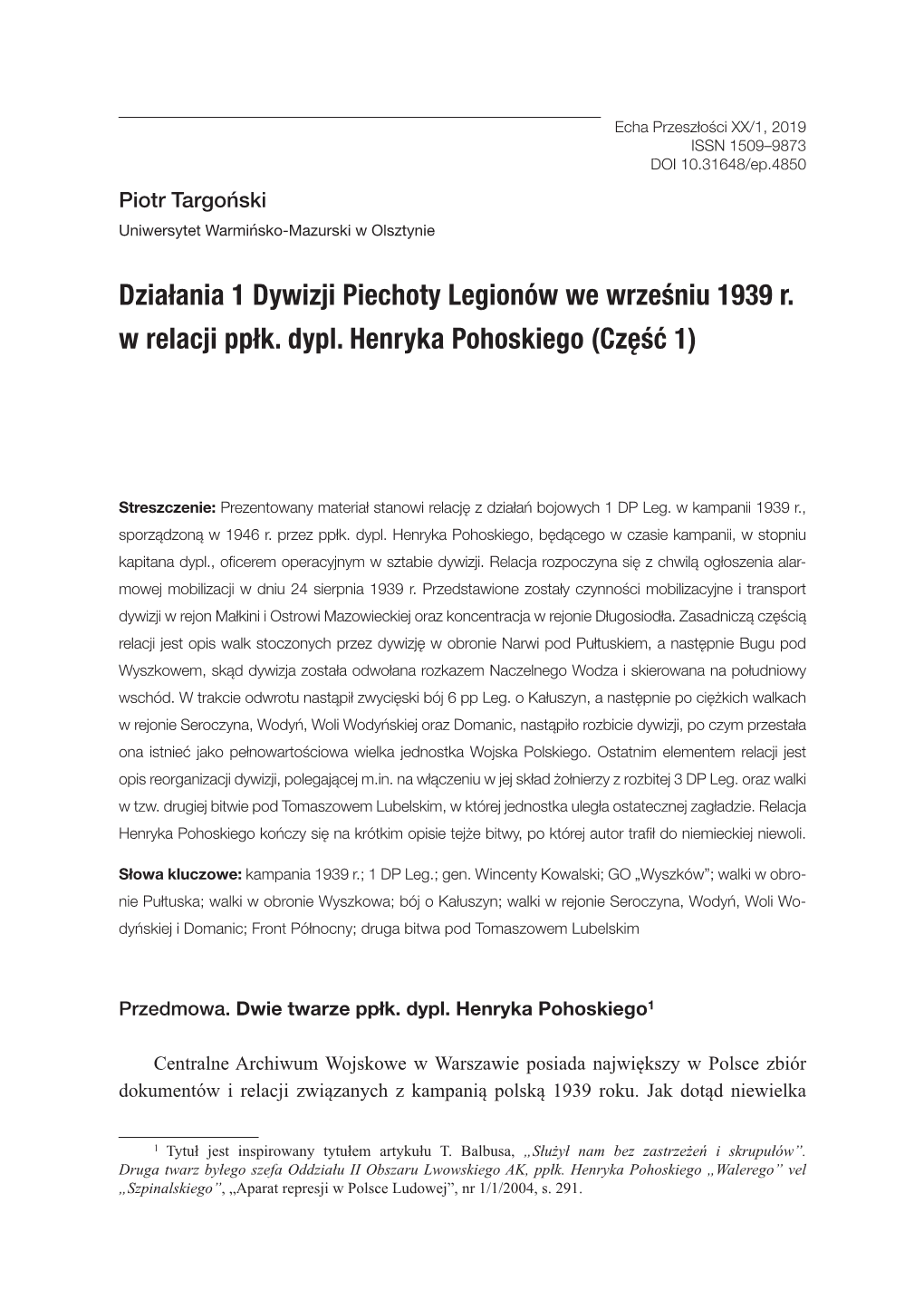 Działania 1 Dywizji Piechoty Legionów We Wrześniu 1939 R. W Relacji Ppłk