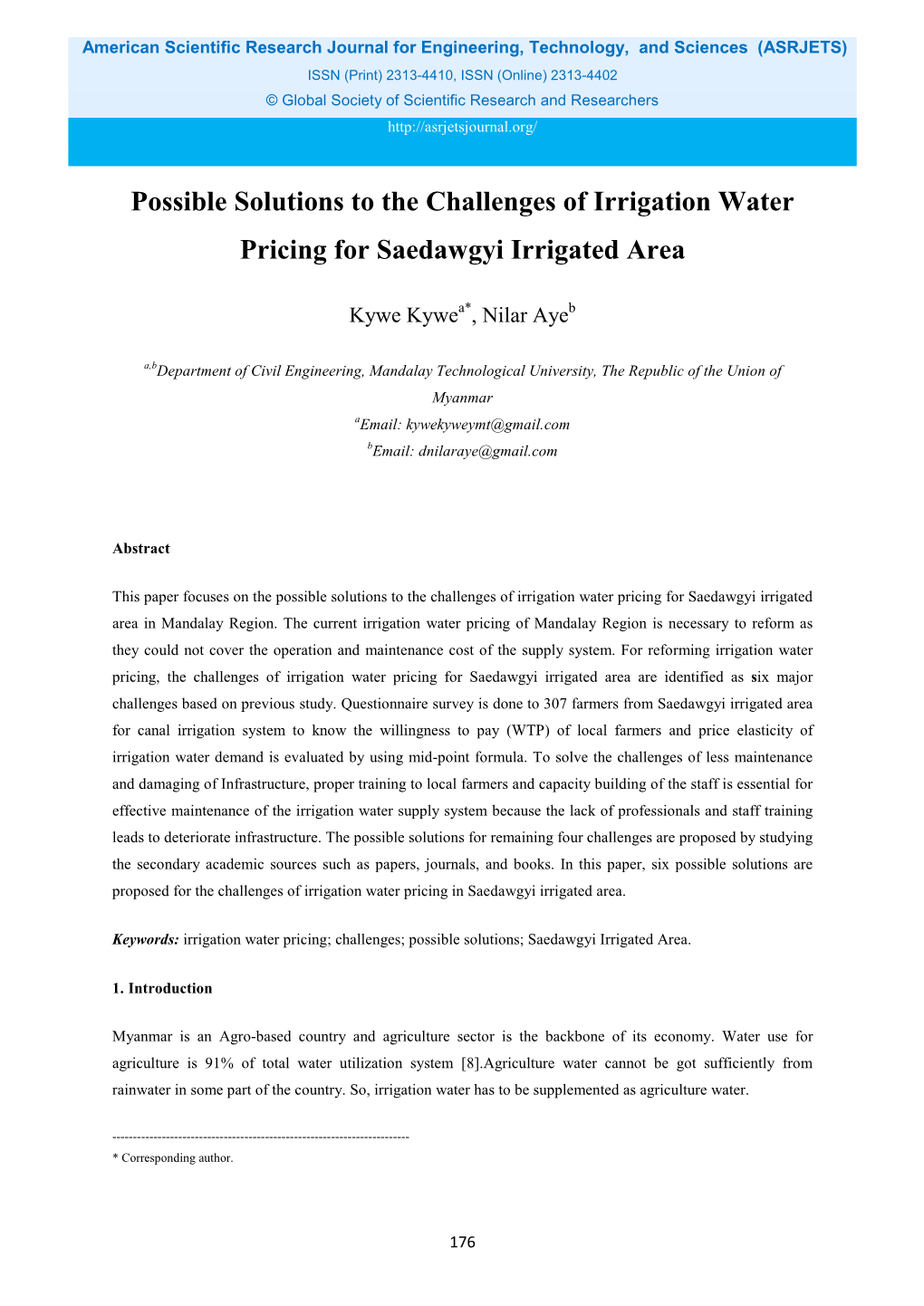 Possible Solutions to the Challenges of Irrigation Water Pricing for Saedawgyi Irrigated Area