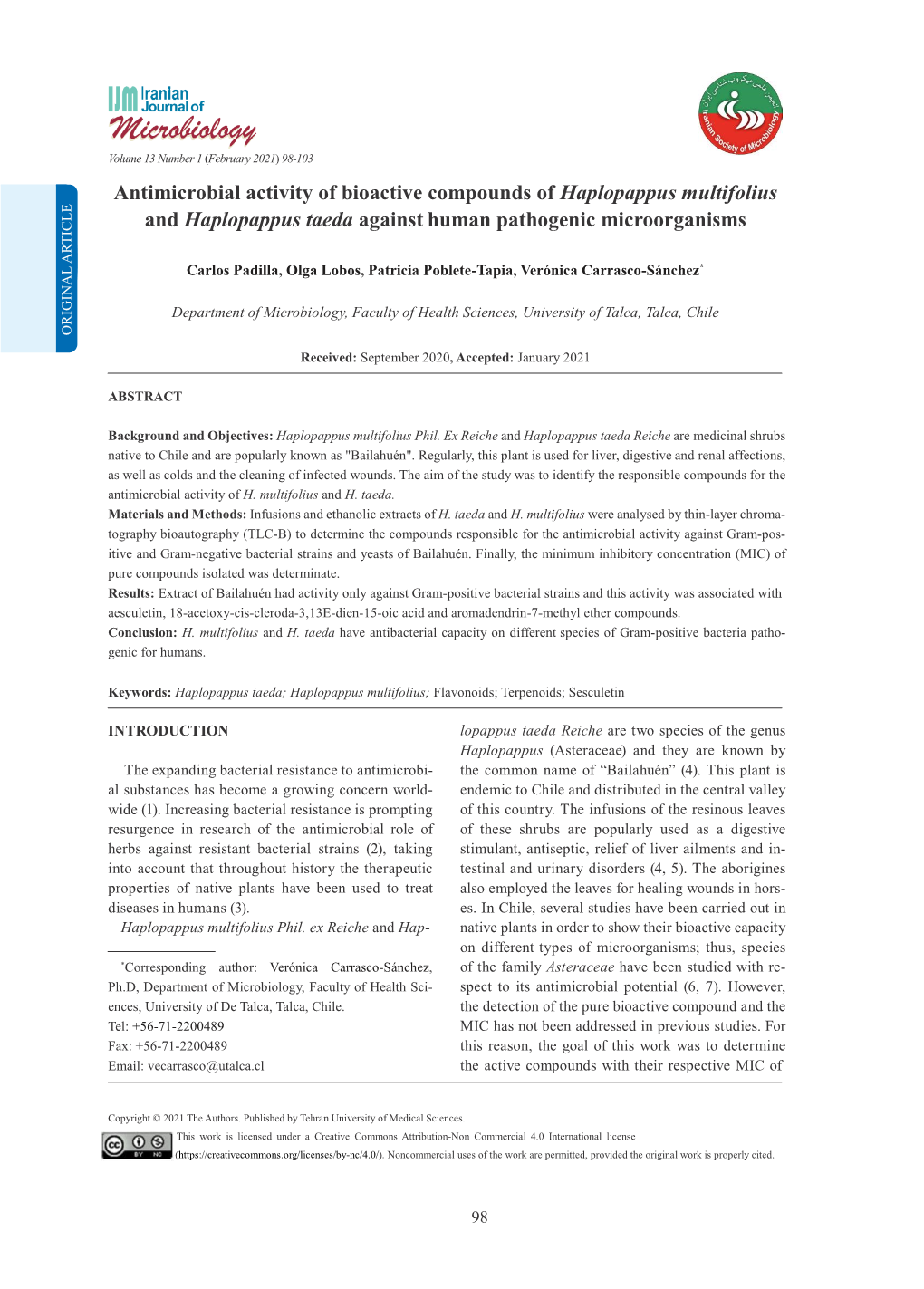 Antimicrobial Activity of Bioactive Compounds of Haplopappus Multifolius and Haplopappus Taeda Against Human Pathogenic Microorganisms