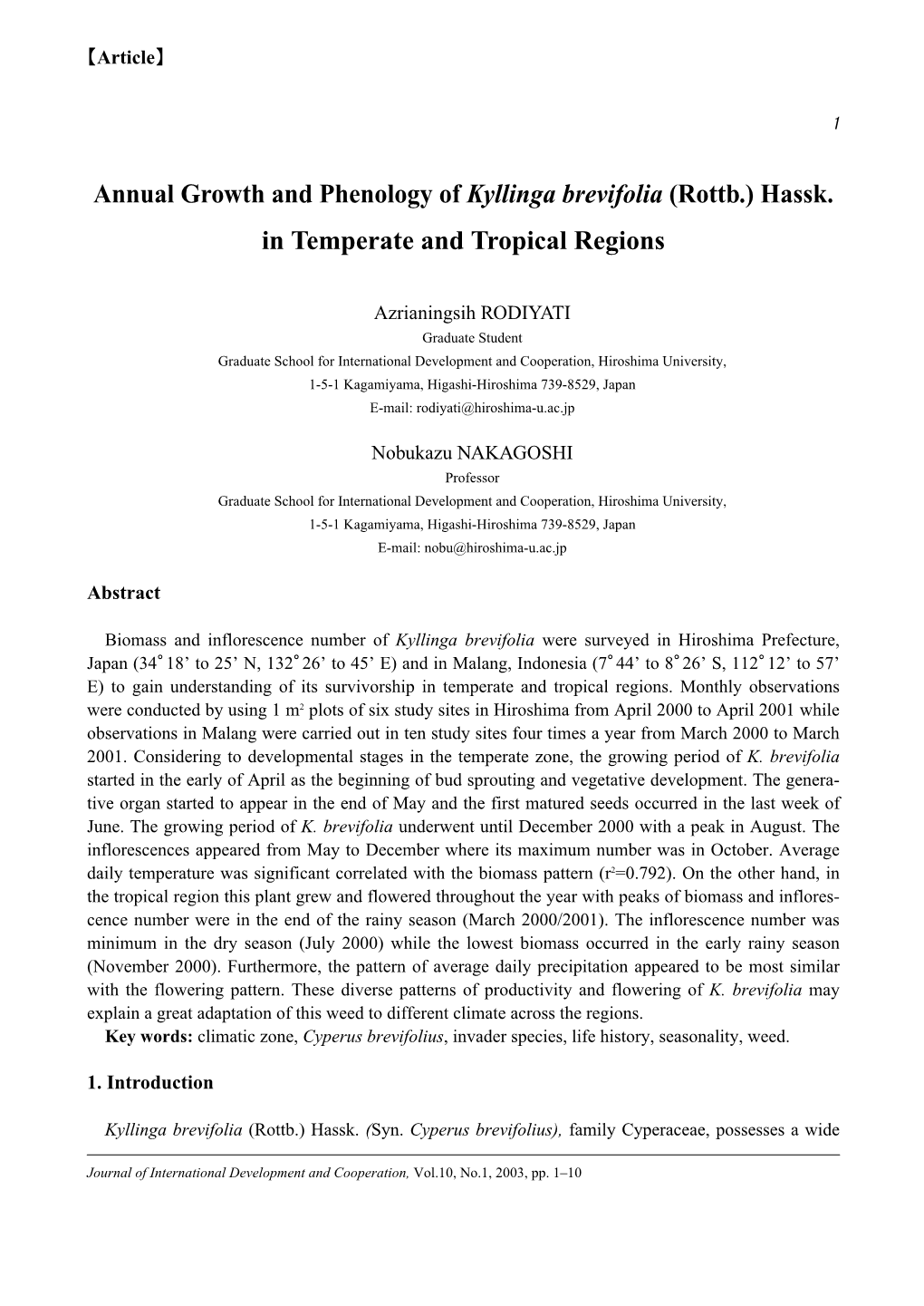 Annual Growth and Phenology of Kyllinga Brevifolia (Rottb.) Hassk