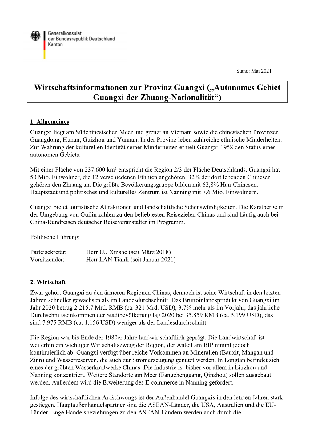 Wirtschaftsinformationen Zur Provinz Guangxi („Autonomes Gebiet Guangxi Der Zhuang-Nationalität“)