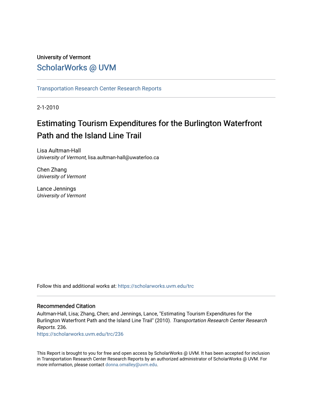 Estimating Tourism Expenditures for the Burlington Waterfront Path and the Island Line Trail