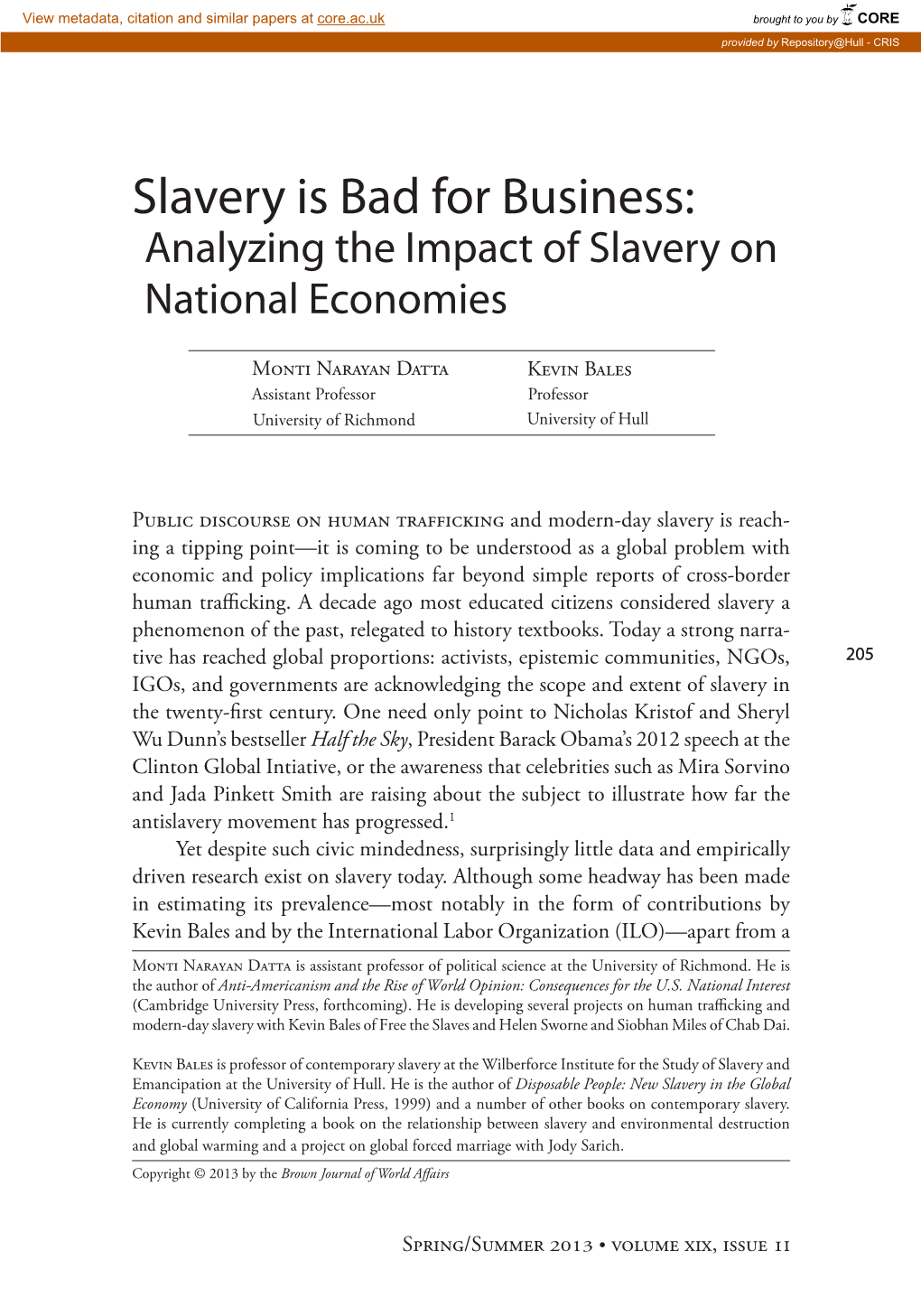 Slavery Is Bad for Business: Analyzing the Impact of Slavery on National Economies