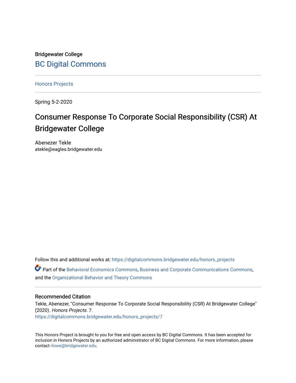 Consumer Response to Corporate Social Responsibility (CSR) at Bridgewater College